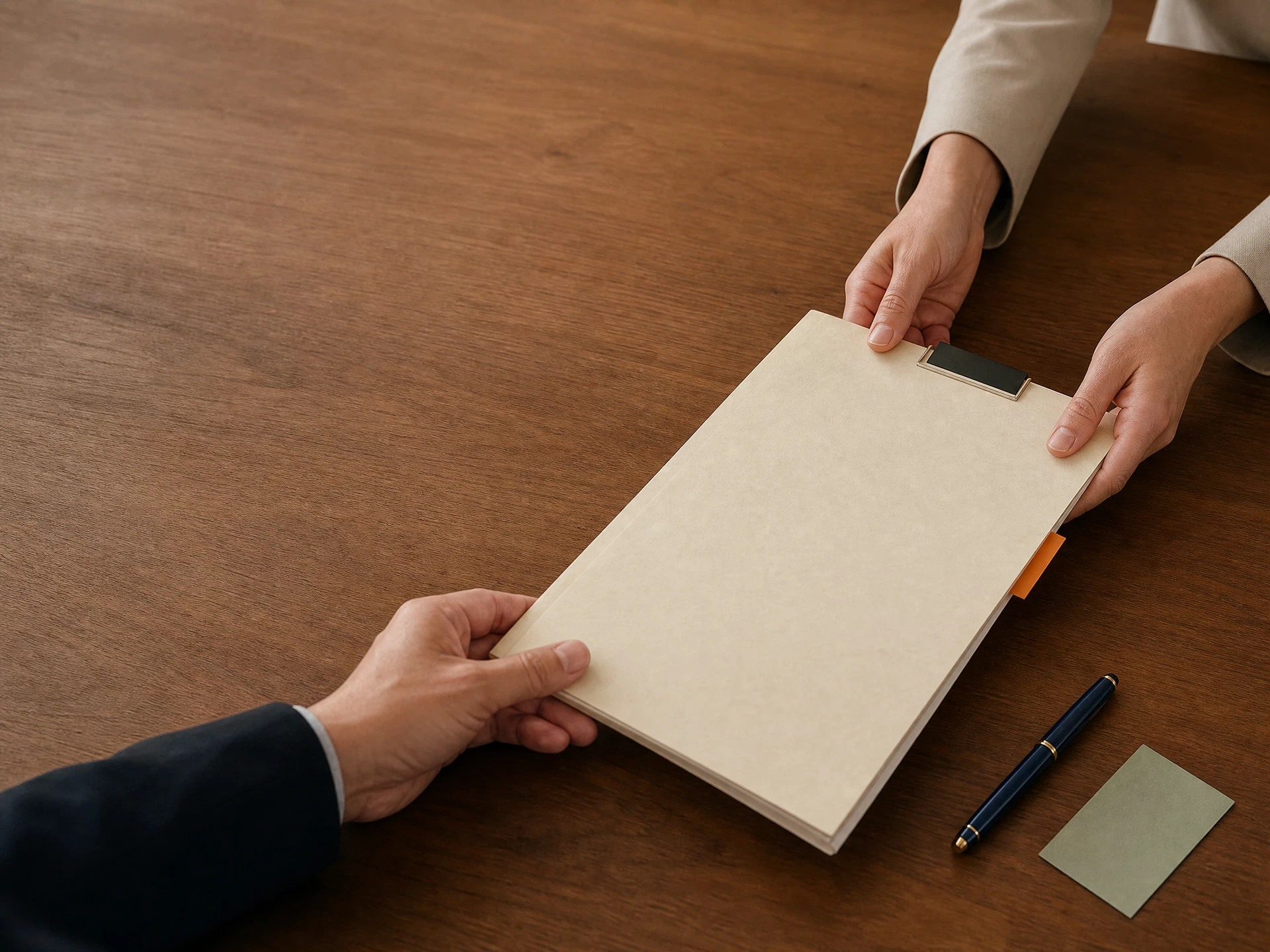 A neatly prepared case file being handed over across a desk
